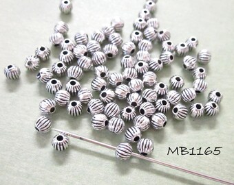 Silver Round Bead, Fluted Round Bead, Antique Silver Bead, Corrugated Bead, Round Spacers 4MM 1MM Hole 90pcs MB1165