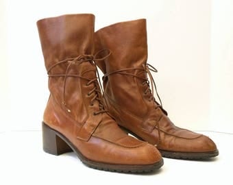 Vintage Joan & David Brown Tie Ankle Granny Boots Womens 10M 90s
