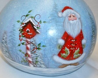 Santa with Birdhouse and Winter Scene Gourd - Hand Painted Gourds