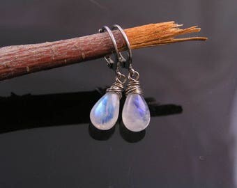Rainbow Moonstone Earrings, Hoop Earrings, Handmade Earrings, Moonstone Jewelry, Single Stone Earrings, Silver Earrings Moonstone