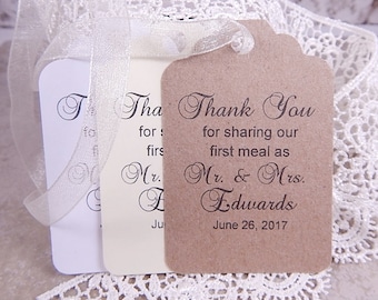 Mr. and Mrs. Thank You Wedding Favor Tags, Rustic Wedding Gift Tags, Thank You for Sharing Our First Meal, Personalized Wedding Tags