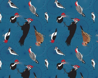 Pileated Woodpecker Fabric - North American Woodpeckers Blue By Dancingbirdstudio - Birds Cotton Fabric by the Yard With Spoonflower