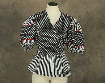 vintage 80s Wrap Blouse - 1980s Balloon Sleeve Blouse Stripes and Dots Peplum Blouse Sz M L