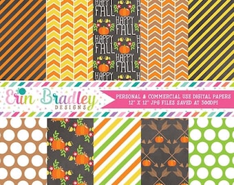 80% OFF SALE Fall Floral Digital Papers Stripes Pumpkins Polka Dotted Autumn Digital Paper Pack in Orange Yellow & Green Commercial Use OK