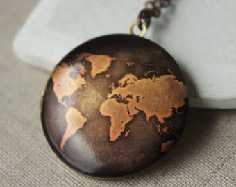 Old map locket pendant, world map necklace, Travel gift, antique copper locket, graduation gift, long chain photo locket photograph N98