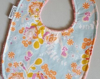 Baby Bib - Floral Print on Coral Pink Peach Minky