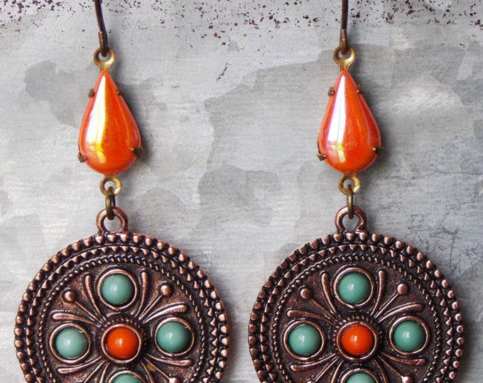 Turquoise and Orange Western Drop Earrings Southwestern Dangle Long Vintage Teardrop Earrings