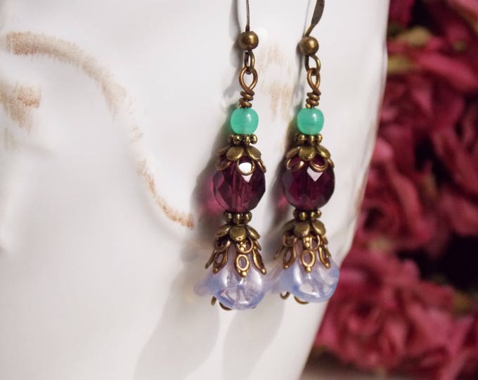 Victorian Floral Brass Dangle Earrings Vintage Style Downton Abbey Jane Austen Jewelry Purple Green Opal Teal Gemstone Czech Glass Earrings