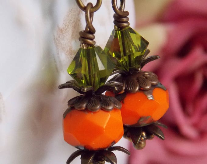 Orange Pumpkin Earrings Fall Earrings Long Czech Glass Swarovski Olive Green Earrings Cute Pumpkin Earrings Festive Fall Earrings