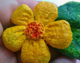 Paper mache Yellow Flower and leaves Magnets handsculpted with handmade paper pulp- OOAK
