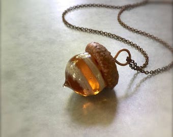 Glass Acorn Necklace - Silvered Topaz - by Bullseyebeads - Ready To Ship