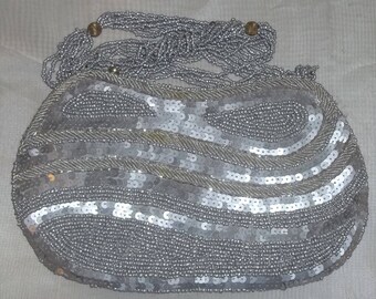 Vintage Silver Gray Sequin Beaded Purse Handbag Clutch