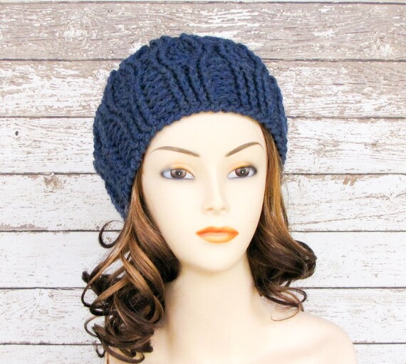 Blue Wool Blend Ladies Cabled Hat Woman's Winter Hat