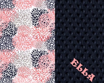 SALE Baby Blanket / Personalized Baby Blanket Girl - Blooms Flowers Navy Gray Coral Stroller Blanket - Nursery Decor // Name Baby Blanket