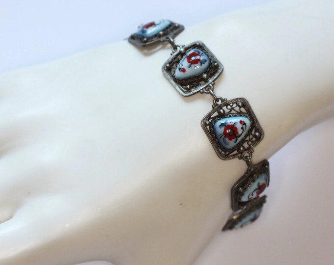 Floral Porcelain Enameled Filigree Bracelet Red Blue Russian Finift Enamel Silver Filigree Vintage