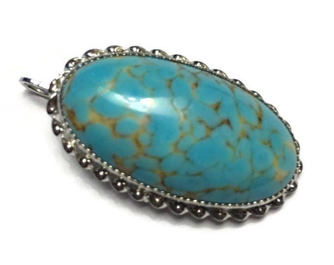 Turquoise Art Glass Oval Pendant or Brooch Sterling Setting Signed Vintage