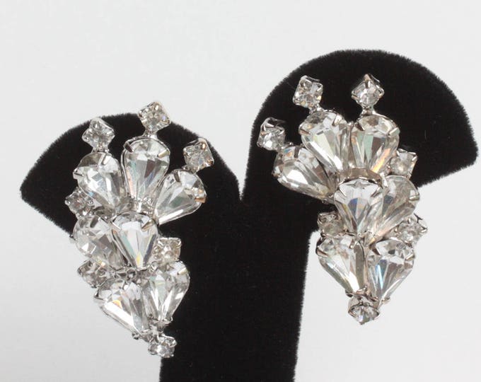 Large Clear Rhinestone Earrings Pear Cut and Chatons Layered Silver Tone Special Occasion