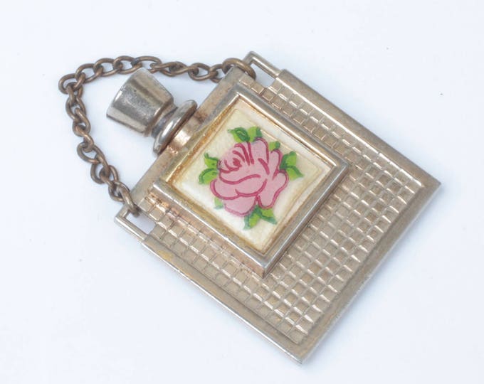 Miniature Perfume Flask Pink Rose Decoration Gold Tone Metal Vintage