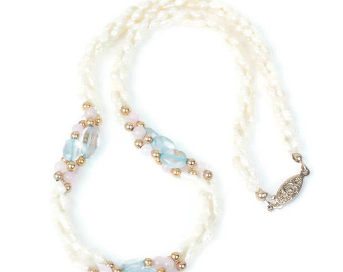 Freshwater Pearl Necklace Blue Glass Beads Rose Quartz Gold Tone Bead Necklace Vintage