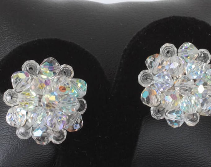 Aurora Borealis Crystal Cluster Bead Earrings Clip On Style Vintage