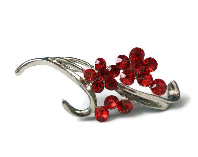 Red Rhinestone Flower Brooch Pin Silver Tone Metal Vintage