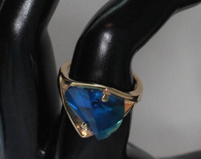 Blue Glass Statement Ring 18K GE Modernist Avant Garde Gold Tone Setting Size 8