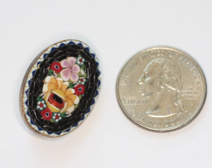 Oval Mosaic Tile Pin Floral Design Italy Signed Black Yellow Pink Red