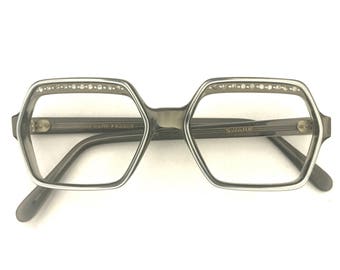 Silver Fox Grey Cat Eye Glasses Vtg 70s Mod MCM Rhinestone Horn Rimmed Eyeglasses Expanded Cats Sunglasses
