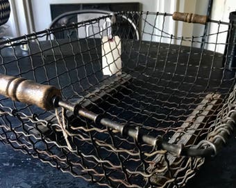 Antique Wire basket, wood runners and handles.
