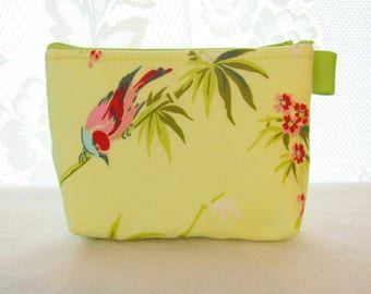 Birds and Bamboo Cosmetic Bag Amy Butler Fabric Gadget Pouch Makeup Bag Cotton Zip Pouch Temple Flowers Chartreuse Lime Green