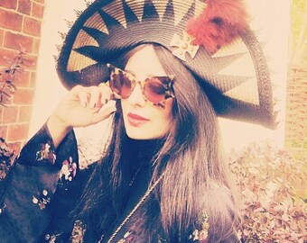 custom made Pirate style straw hat with vintage 1920's feather and old gold cross