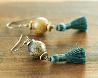 Boho Blue Orange Gemstone Tassel Earrings, Faceted Sodalite Tassel Dangle Earrings in Brass and Sterling Silver