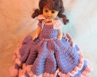 Vintage Purple and Pink Crochet Dress on a Doll, Toilet Paper Doll, Handmade Crochet Doll To Go Over Toilet Paper Roll, Toy Doll