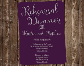 Rehearsal Dinner Invitations, Plum, Silver, Eat, Drink, Rehearse, Before They Say I Do, Elegant, 10 Printed Invites and Envelopes, Custom