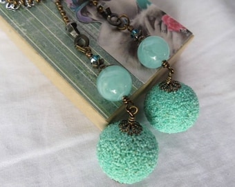 Deocrative Chain Pull Pair with Light Aqua Acrylic Beads, Swarovski Crystals and Antiqued Brass Accents