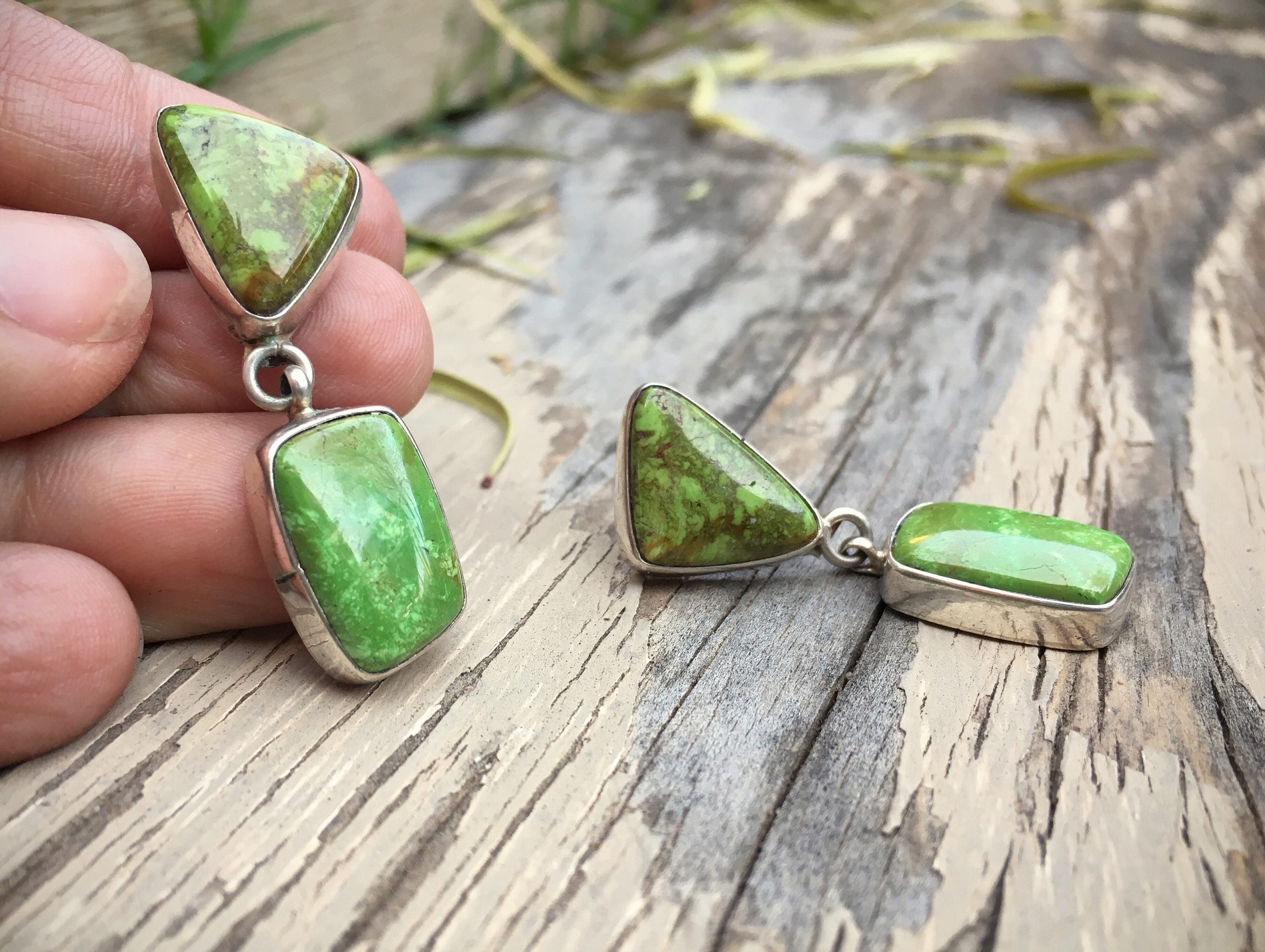 Native American Earrings Sterling Silver Gaspeite Jewelry Green Stone
