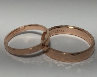 14kt solid rose gold wedding ring set his and her, solid gold bands, hammer rose gold rings
