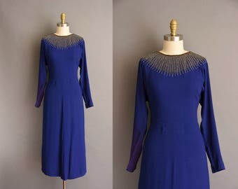 vintage 40s dress. Gorgeous 1940s blue rayon crepe decadent beaded dress
