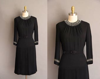 1940s black rayon crepe New York Creations studded dress. vintage 40s dress