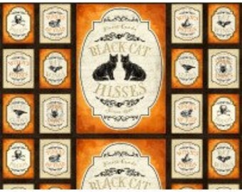 Under a Spell from Wilmington Prints - 24" x 44" Panel Black Cat, Witches Potion, Poison Halloween Labels