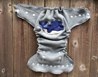 Upcycled Wool Nappy Cover Diaper Wrap Cloth Diaper Cover One Size Fits Most Blue With Whale Applique/ Black