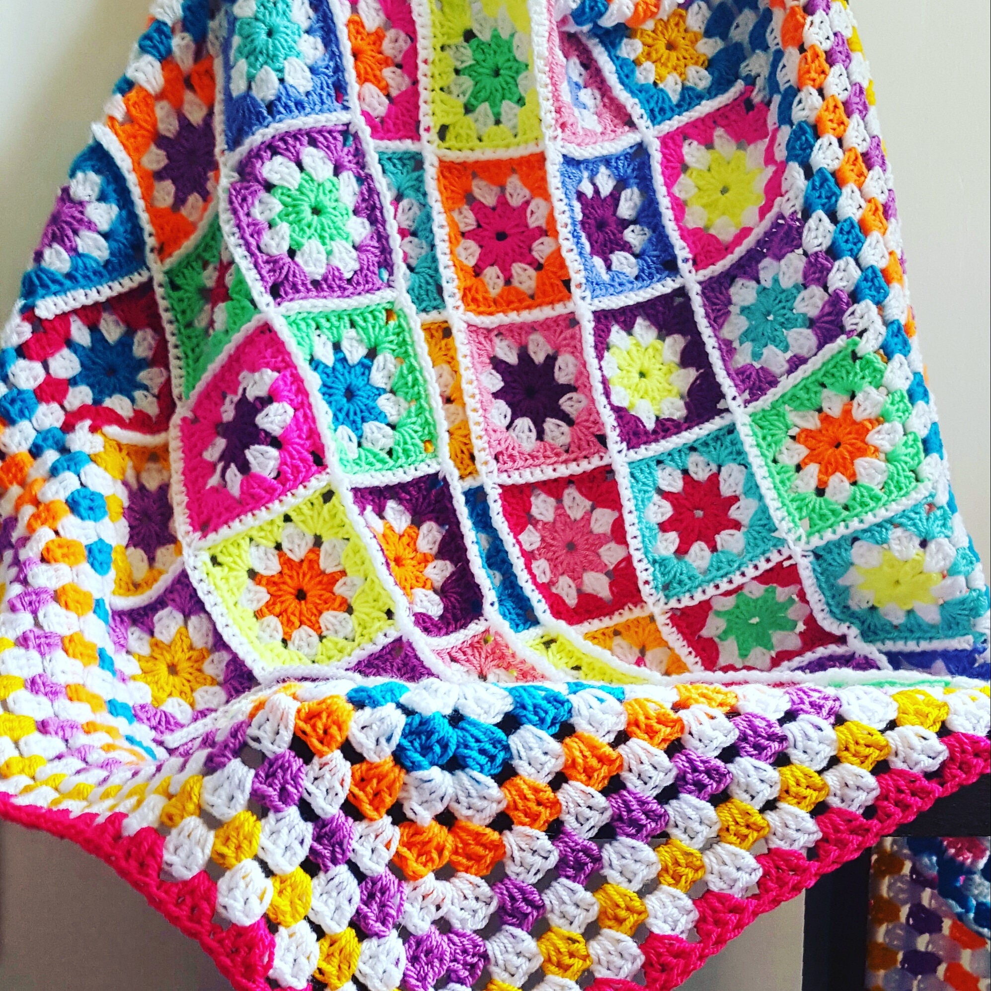 Bright Daisy Granny Squares Vivid Blanket Afghan Crochet 