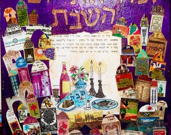 SHABBAT SHALOM Judaic Mixed Media Collage