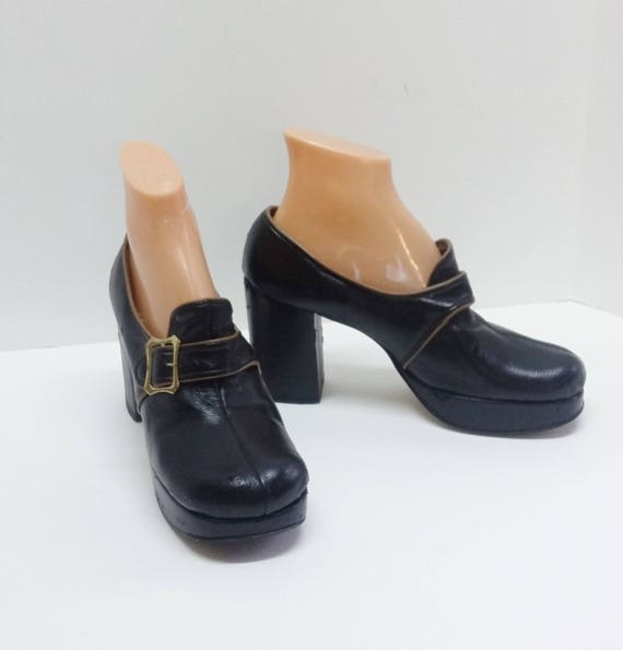 Vintage Shoes Andante Platforms Black w Brown Piping Chunky