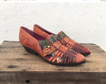 20% Off Sale 90s Ankle Chelsea Booties Huarache BrownWoven Leather Winklepickers Ladies Size 8