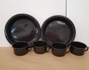 Set of 8 Vintage Black Enamelware Cups and Plates