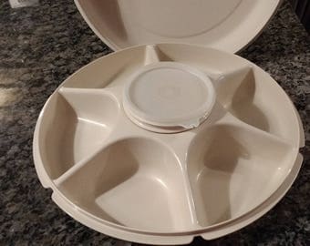 1980s Tupperware 7 Compartment Relish Tray with Domed Lid / Almond Hard Plastic Tupperware Serving Center