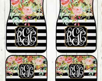 Monogram Car Mats-Car Accessories-Car Mats-Personalized Car Mats-Monograms-Stripe Car Mats-Watercolor Flowers