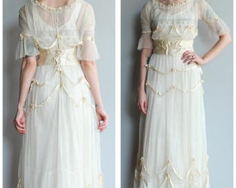 1900s Wedding Dress // Edwardian Tulle & Silk Trim Wedding Dress // vintage Edwardian Dress