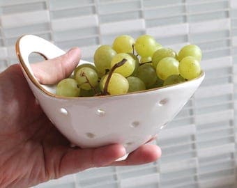 GOLD RIM Pottery Berry Bowl with Handle - Small - Ceramic Colander